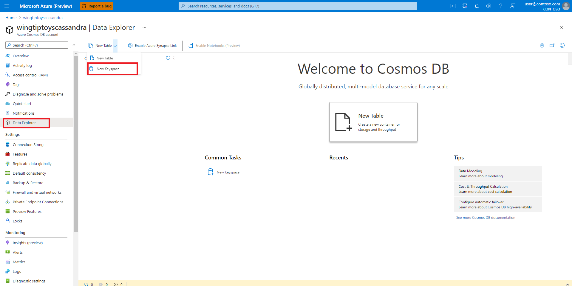Nieuwe keyspace selecteren.