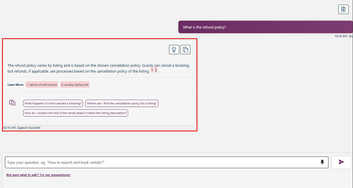 Schermopname van het eerste antwoord van de chat-app.