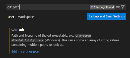 Schermopname van de zoekbalk met instellingen van Visual Studio Code voor git-pad.