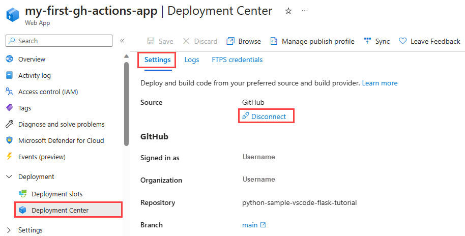 Schermopname die laat zien hoe u gitHub Actions loskoppelt van een App Service-exemplaar in Azure Portal.