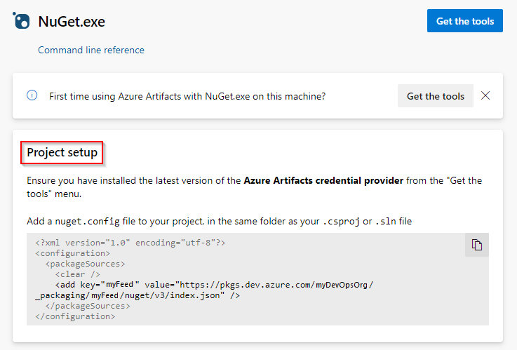 Een schermopname die laat zien hoe u uw project instelt en verbinding maakt met uw feed in Azure DevOps Services.