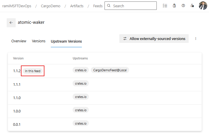 Een schermopname van de versie die is opgeslagen vanuit upstream.