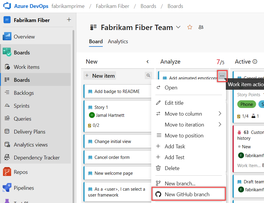 Afbeelding van werkitem met Meer acties geselecteerd en de optie Nieuwe GitHub branch gemarkeerd.