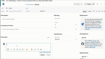 Gif die laat zien hoe u de ! vermelding kunt gebruiken om te verwijzen naar een GitHub pull request vanuit een werkitemdiscussie.