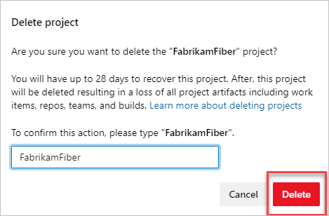 Schermopname van pop-up bevestiging voor het verwijderen van een project.