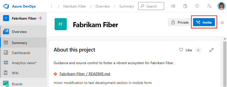 Schermopname van de projectoverzichtspagina met de actie Uitnodigen gemarkeerd.
