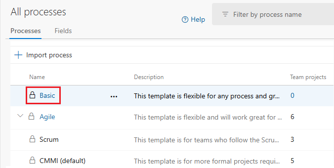 Schermopname van het gemarkeerde Basic-proces.