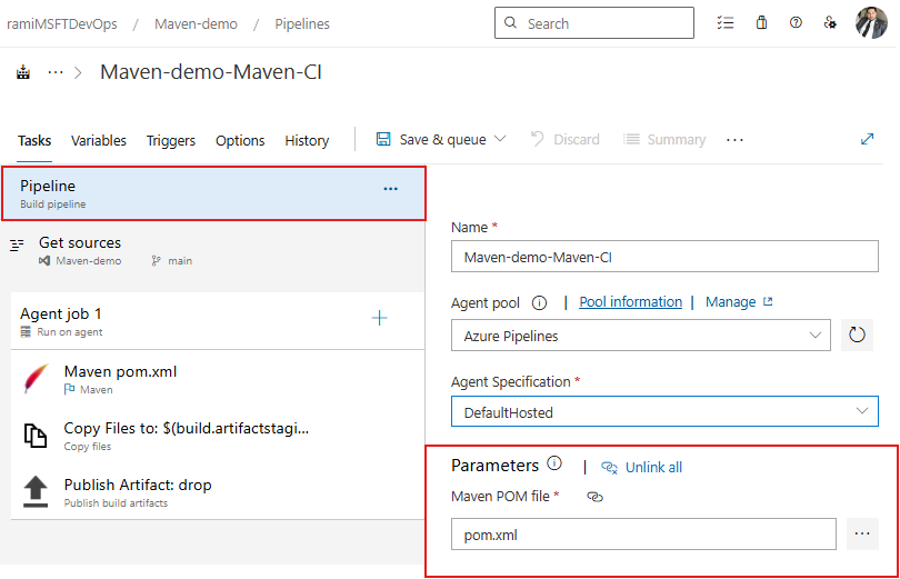 Een schermopname van het configureren van bestaande procesparameters in een klassieke pijplijn.