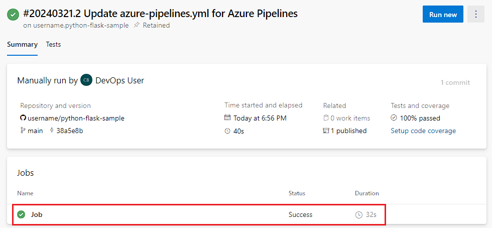Schermopname van één Python-taak voltooid.