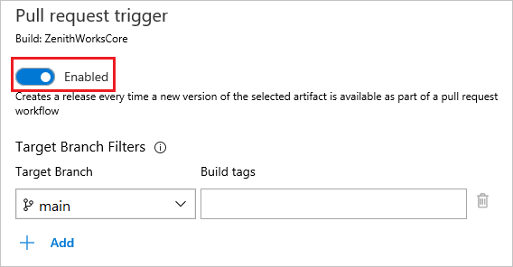Een schermopname van het inschakelen van triggers voor pull-aanvragen in klassieke release-pijplijnen.