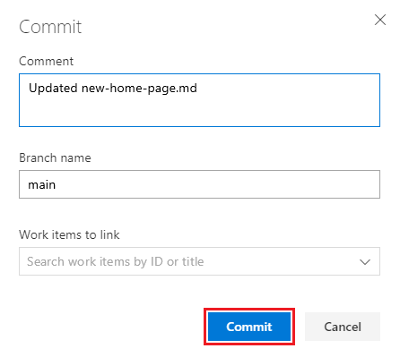 Schermopname van het dialoogvenster Doorvoeren om uw wijzigingen toe te voegen aan uw wikiopslagplaats.
