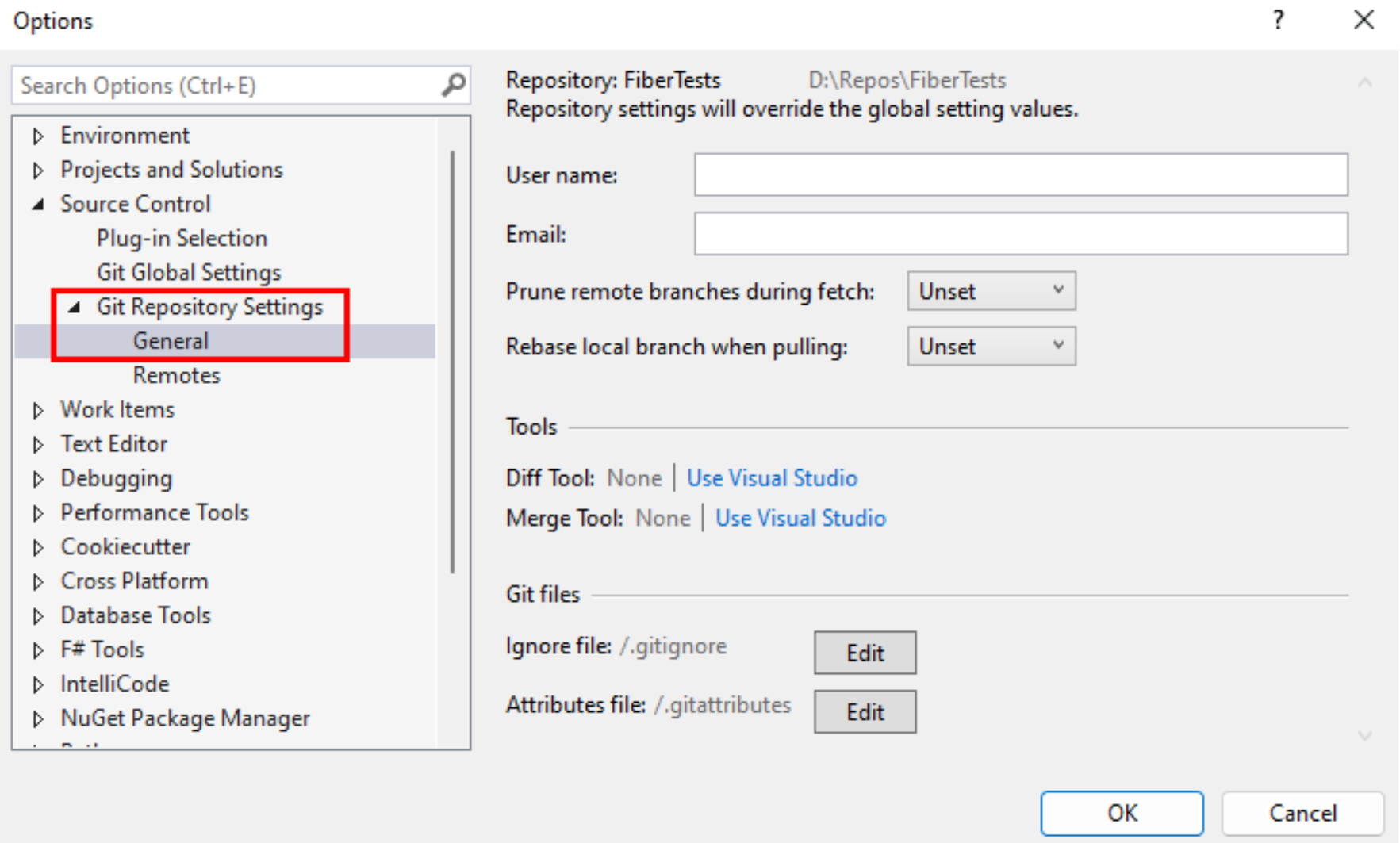 Schermopname van Instellingen voor Git-opslagplaats in het dialoogvenster Opties van Visual Studio.