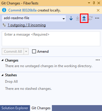 Schermopname van de pijl-omhoog drukknop in het venster 'Git Changes' van Visual Studio.