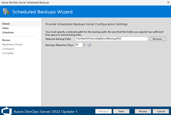 Schermopname toont het ingevoerde pad voor netwerkback-up.