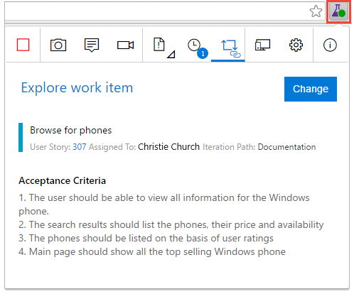 Schermopname van het starten van de extensie Test - Feedback.
