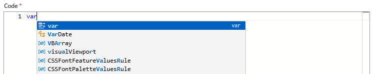 Schermopname van de werkstroom Verbruik, de actie JavaScript-code uitvoeren en de lijst met automatisch aanvullen van trefwoorden.