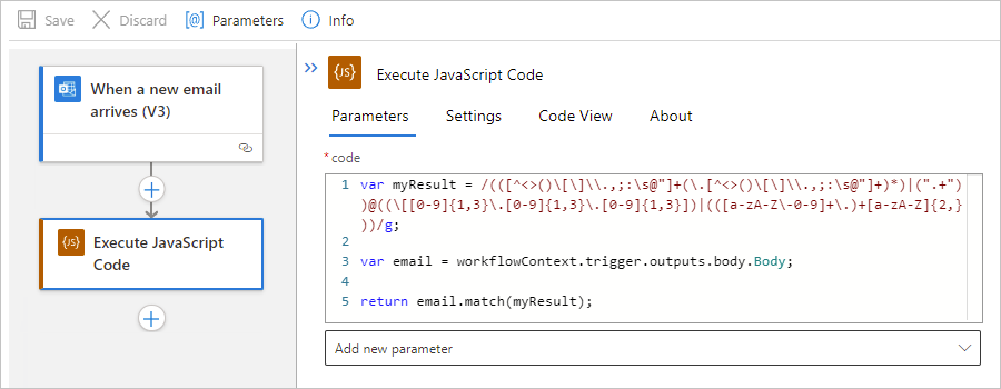 Schermopname van de standaard logische app-werkstroom en de actie 'JavaScript-code uitvoeren' met een return-verklaring.