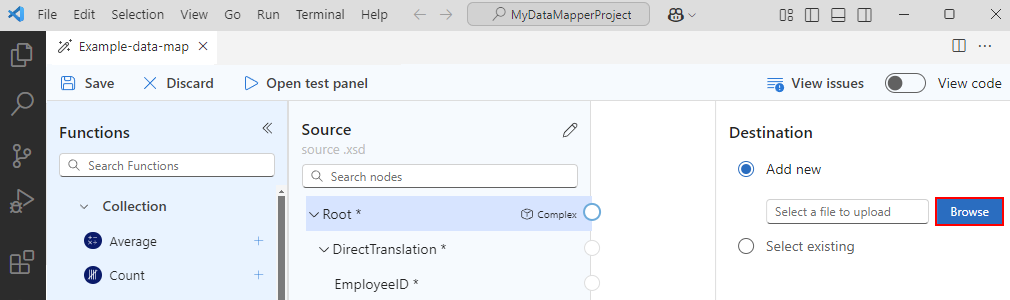 Schermopname van het deelvenster Data Mapper en Bestemming met de geselecteerde opties voor Nieuwe toevoegen en Bladeren.