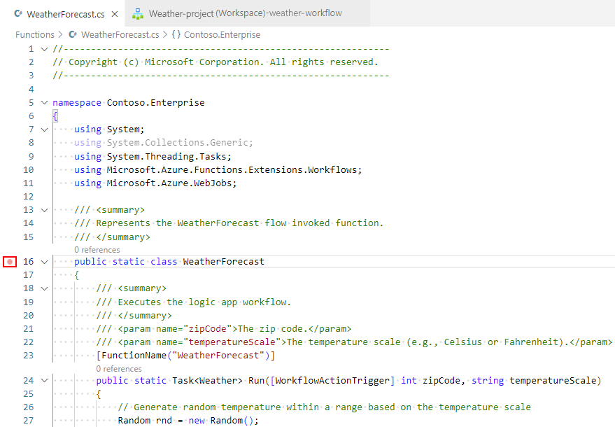 Schermopname van het geopende functiecodebestand met een onderbrekingspuntset voor een regel in code.