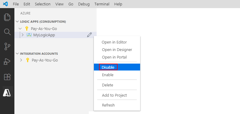 Schermopname die Visual Studio Code toont en hoe een resource van een logische app uit te schakelen.