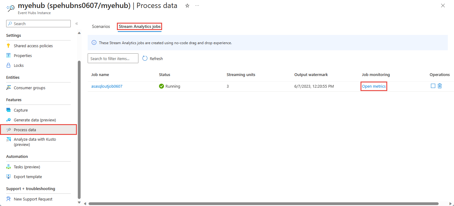 Schermopname van het tabblad Stream Analytics-taken waarin u de status van de actieve taken bekijkt.