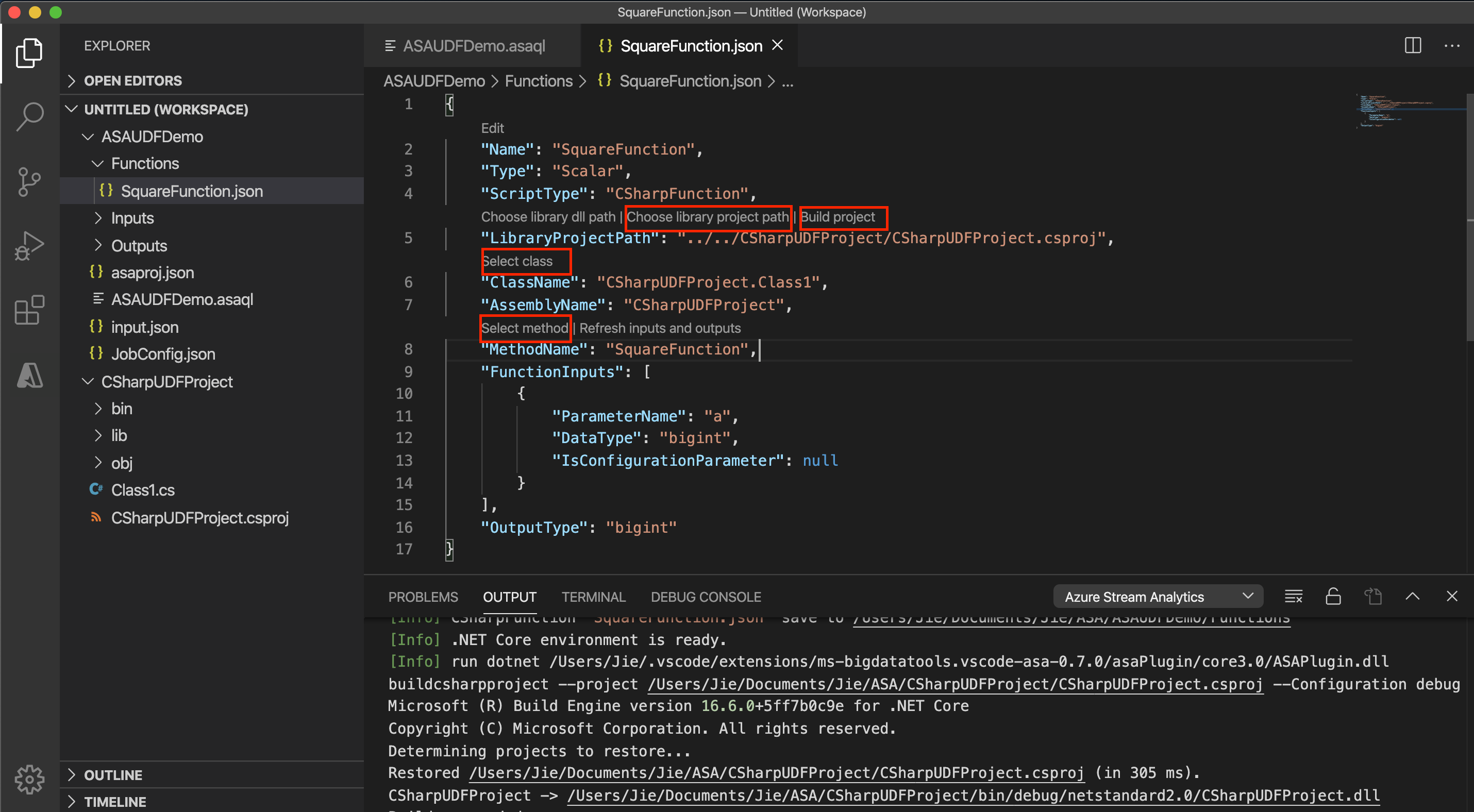Stream Analytics C sharp functiekonfiguratie in VS Code