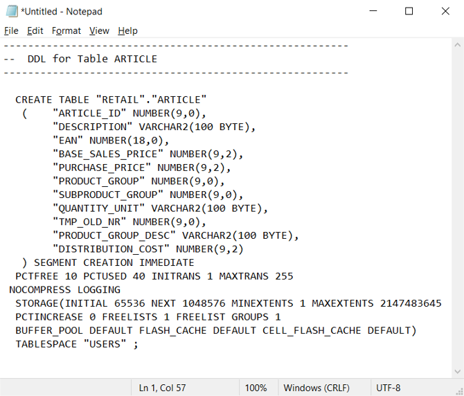 Schermopname van de menukeuze Quick DDL in Oracle SQL Developer.