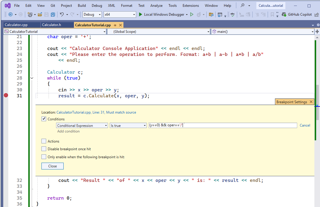 Schermopname van een ingesteld onderbrekingspunt