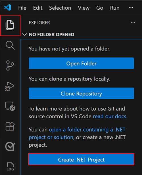 De .NET: opdracht Nieuw project in het opdrachtenpalet