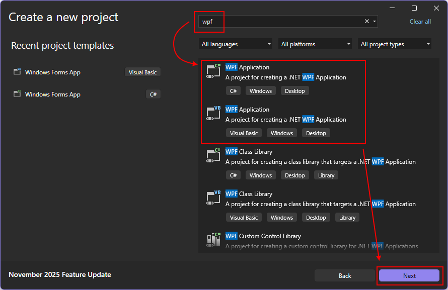 Schermopname van het dialoogvenster 'Een nieuw project maken' van Visual Studio met 'wpf' in het zoekvak en WPF Toepassingssjablonen gemarkeerd.