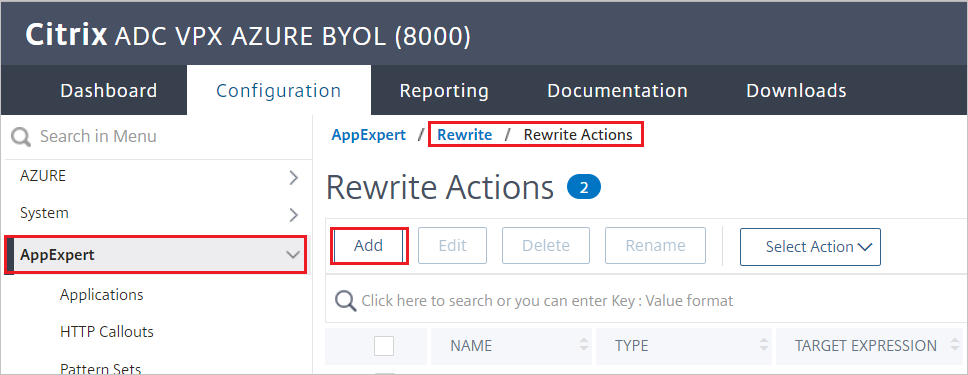 Citrix ADC-configuratie - Herschrijfacties deelvenster