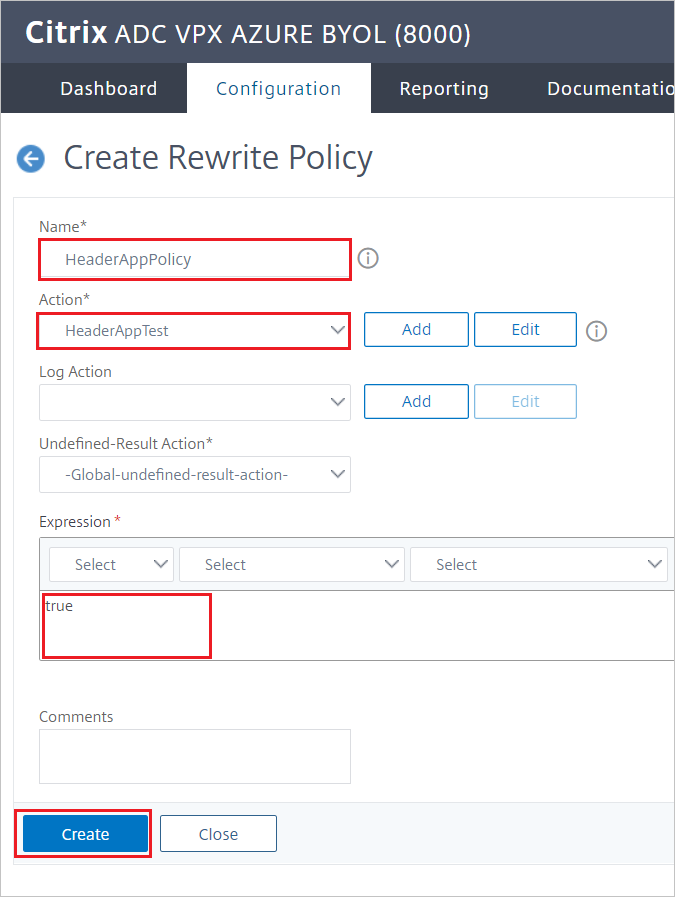 Citrix ADC-configuratie - Venster Herschrijfbeleid maken