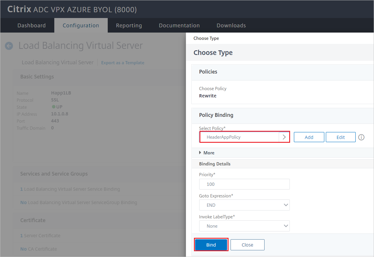 Citrix ADC-configuratie - Deelvenster Verkeersbeleidsbinding voor Load Balancing Virtual Server