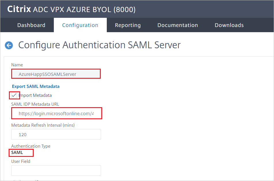 Citrix ADC-configuratie - Scherm Configureren van de Verificatie-SAML-server