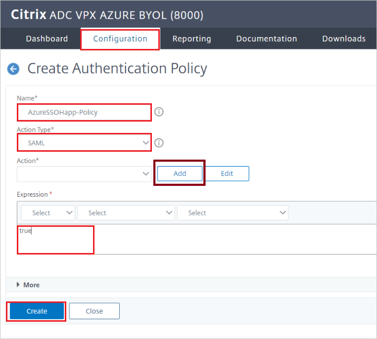 Citrix ADC-configuratie - Deelvenster voor het maken van een verificatiebeleid