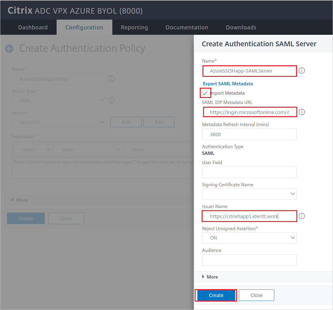 Citrix ADC-configuratie - Venster Authenticatie-SAML-server maken