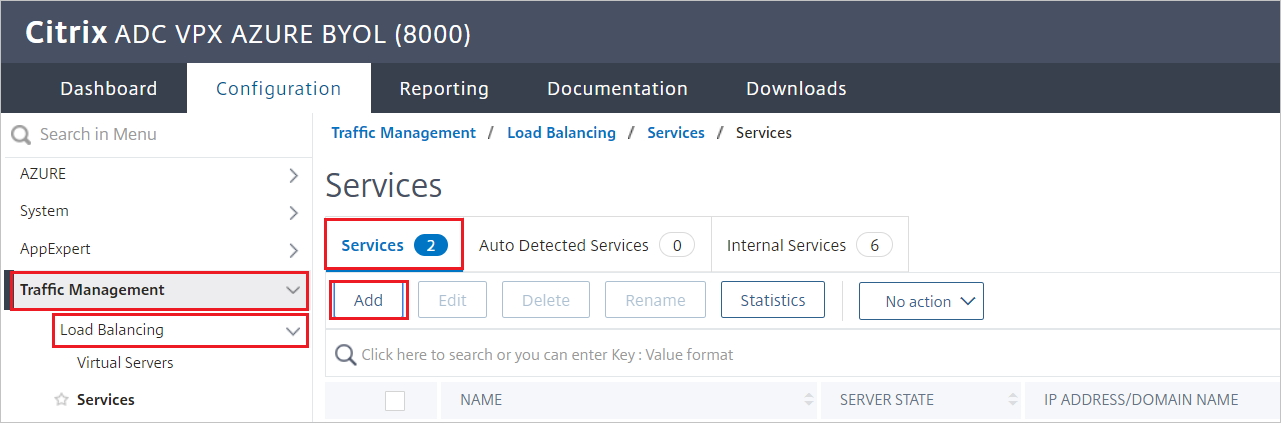 Citrix ADC-configuratie - Services-deelvenster