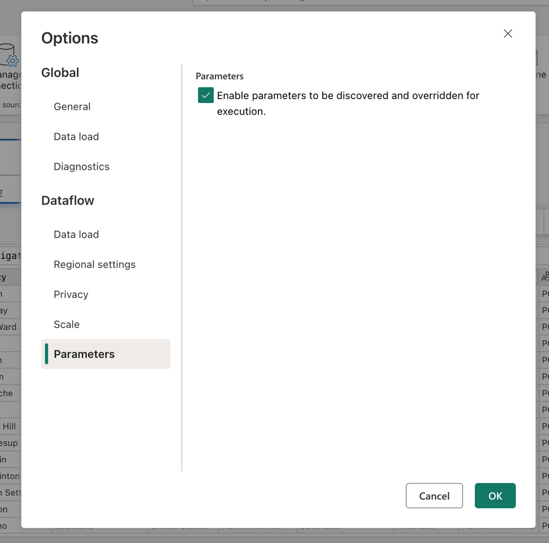 Schermopname van het dialoogvenster Opties in Dataflow Gen2, met de Parameters-sectie waarin de instelling 'Inschakelen zodat het kan worden gevonden en overschreven voor uitvoering' zichtbaar is.