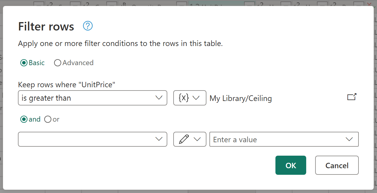 Schermopname van een variabele met de naam Plafond uit de bibliotheek 'My library', weergegeven als geselecteerd in het dialoogvenster Filterrijen.