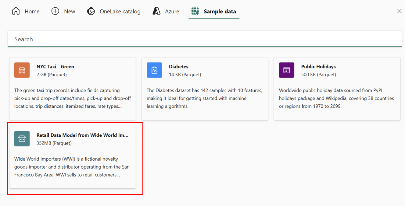 Schermopname van de Fabric-portal van de pagina Voorbeeldgegevens. Het Retailgegevensmodel is geselecteerd.