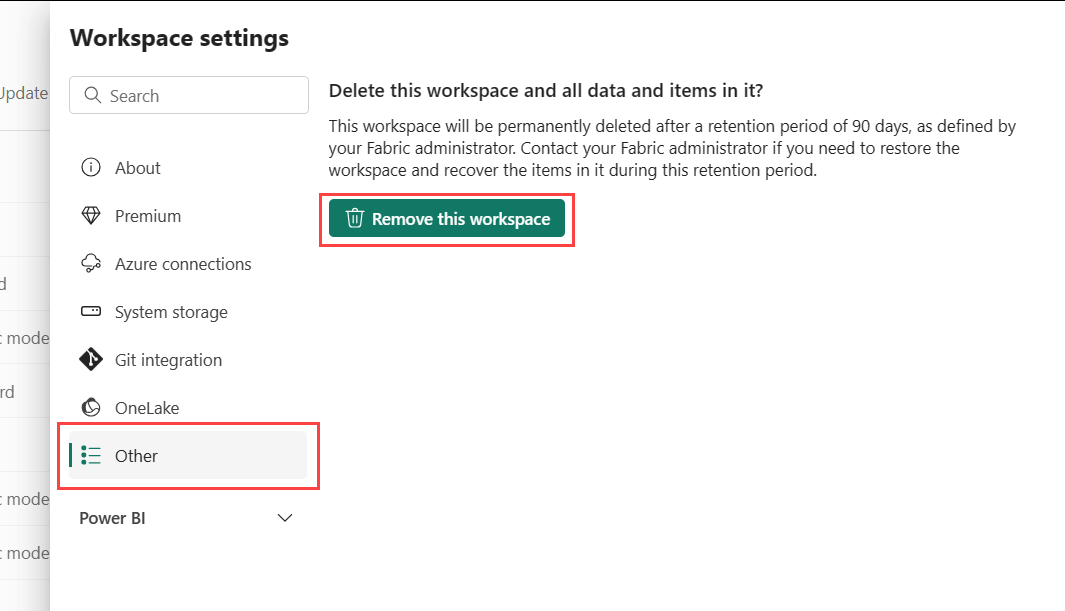 Schermopname van het dialoogvenster voor het verwijderen van een werkruimte.