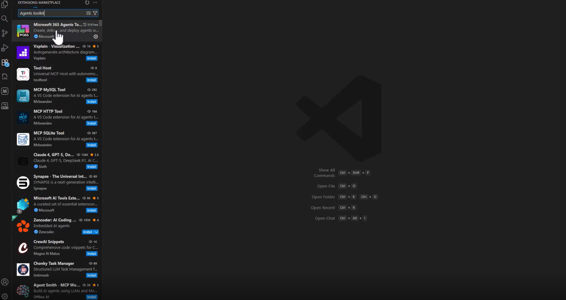 Schermopname van zoekopdracht naar Agents Toolkit op Extensions Marketplace.