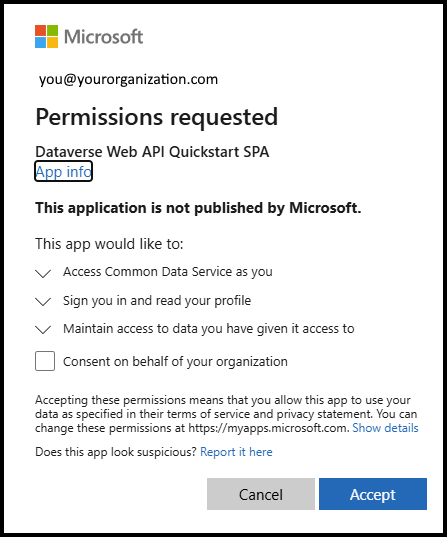 Permissions requested dialog