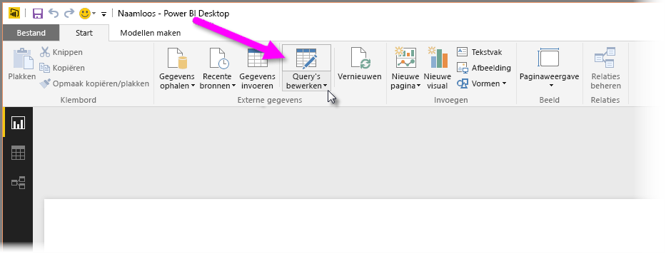 Schermopname van de Power Query-editor in Power BI Desktop, met de selectie Gegevens transformeren.