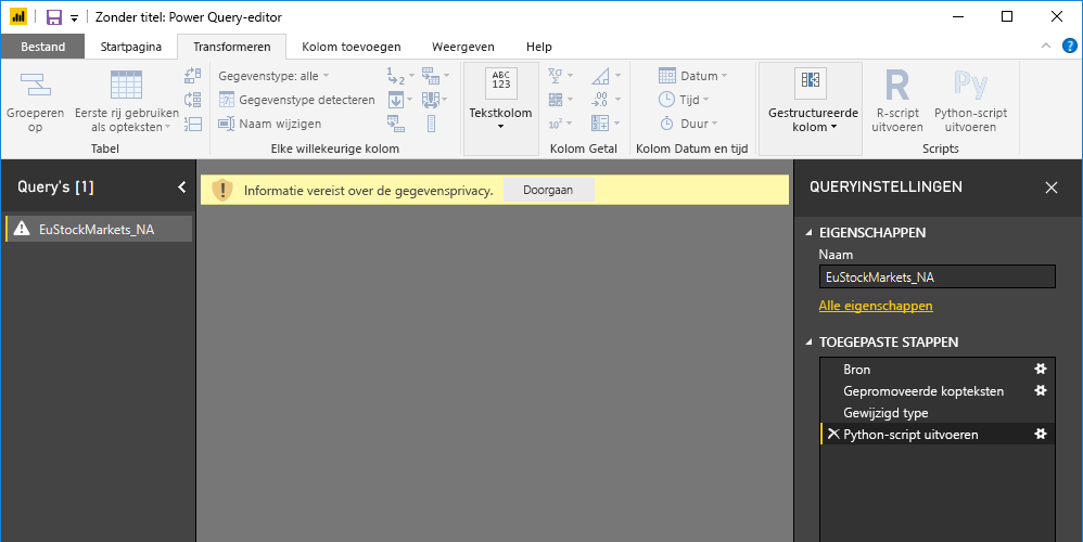 Schermopname van het deelvenster Power Query-editor met de waarschuwing over gegevensprivacy.