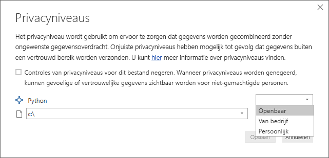 Schermopname van het dialoogvenster Privacyniveaus, waarin wordt weergegeven dat Openbaar is ingesteld.