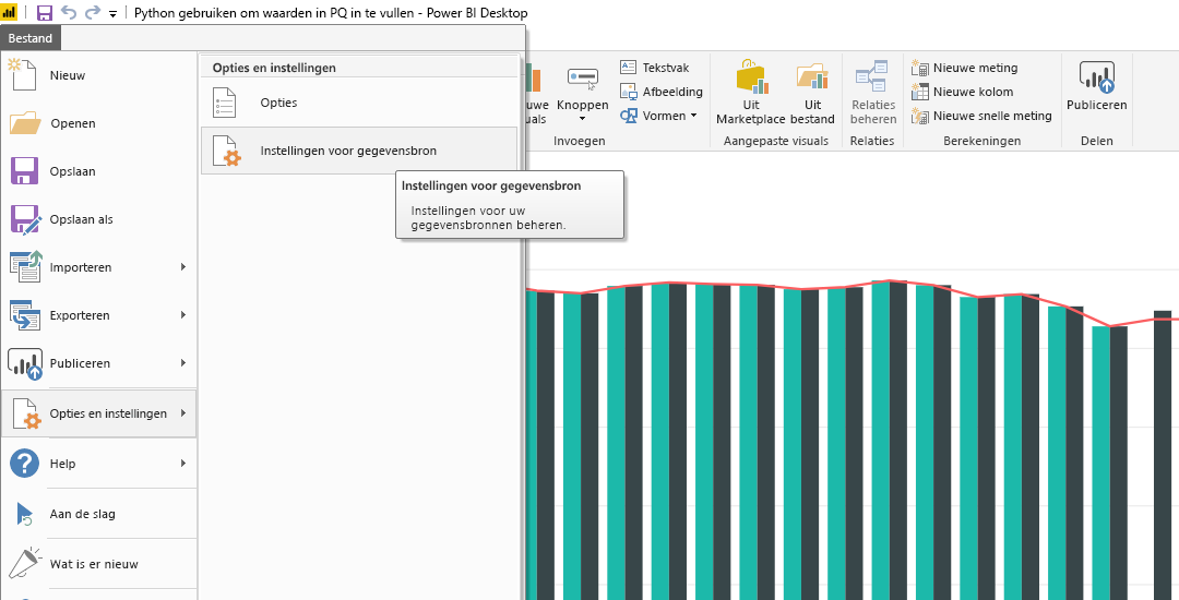 Schermopname van het menu Bestand in Power BI Desktop, met de selectie instellingen voor gegevensbron.