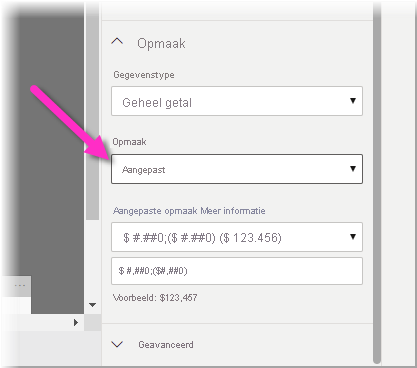 Schermopname van het menu Opmaak, waarbij Aangepast wordt gemarkeerd.