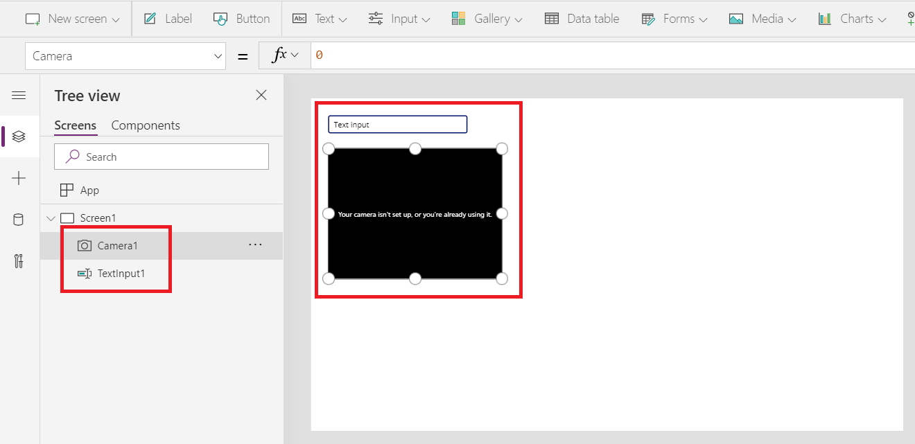 Besturingselementen tekstinvoer en camera toegevoegd aan een leeg scherm.