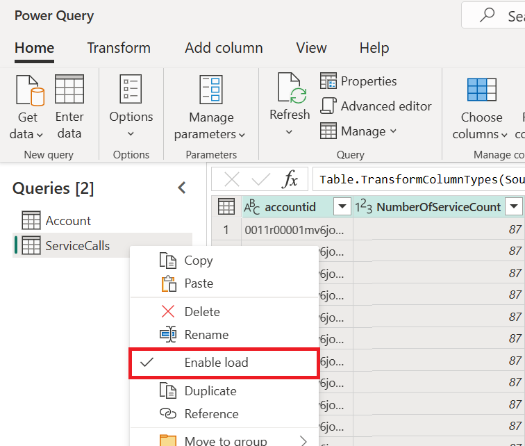 Schermopname van het contextmenu van de query met 'Laden inschakelen' geselecteerd.